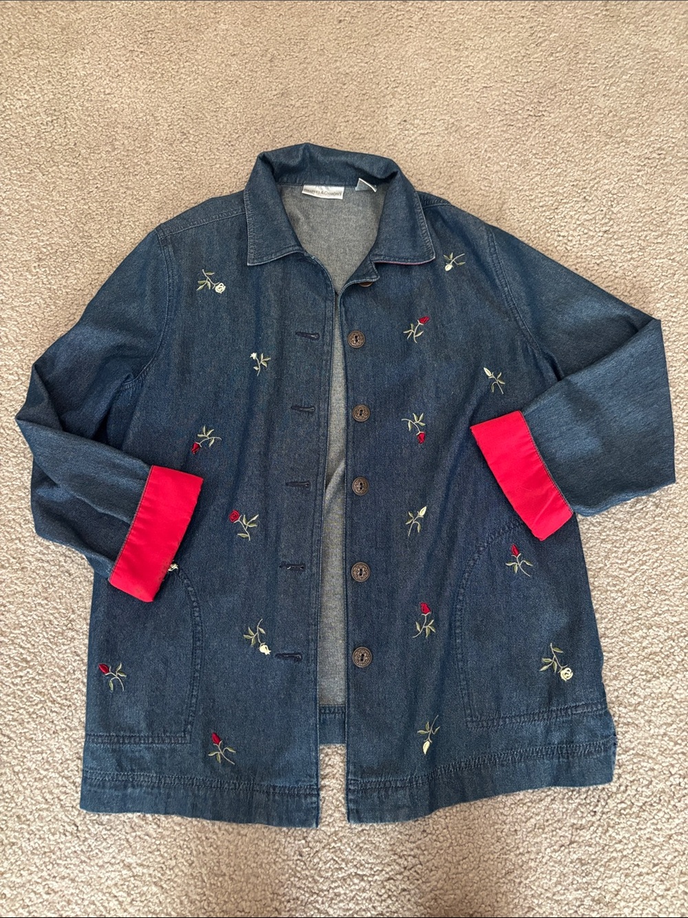 Drapers & Damonds Dark Blue Embroidered Denim button down with Red Cuffs size M